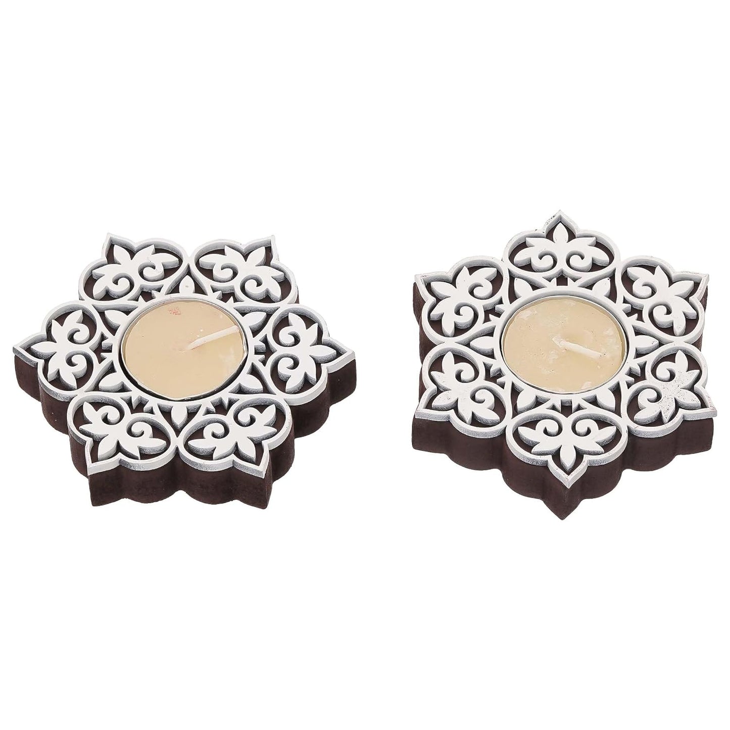 Set of 2 White Brown Wooden Floral Printing Block Decorative Tea Light Candle Holders, Diya Stands