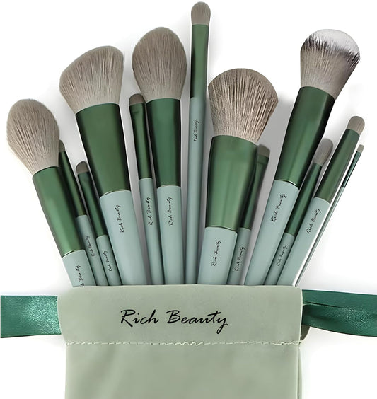 13-Piece Makeup Brush Set – Synthetic Bristles Soft and Durable Highlighting, green