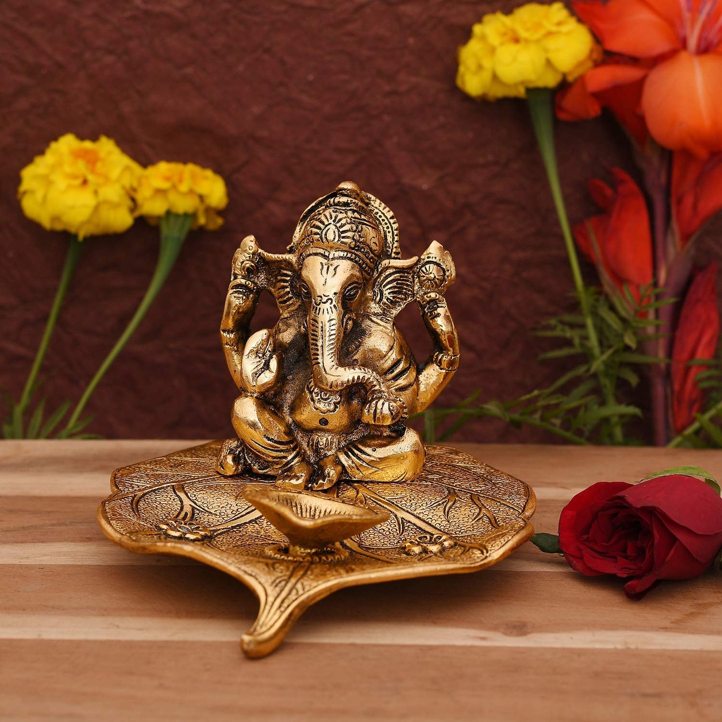 Aluminium Ganesh with Diya Idol, Medium, Gold, Paper