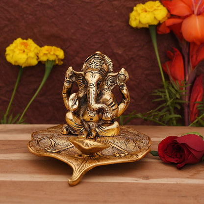 Aluminium Ganesh with Diya Idol, Medium, Gold, Paper