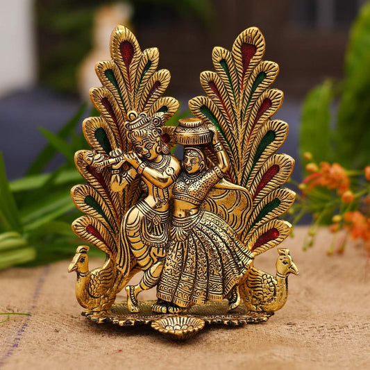 Peacock Design Radha Krishna Idol Showpiece with Diya for Puja and Home Decor (8 x 6 Inches)
