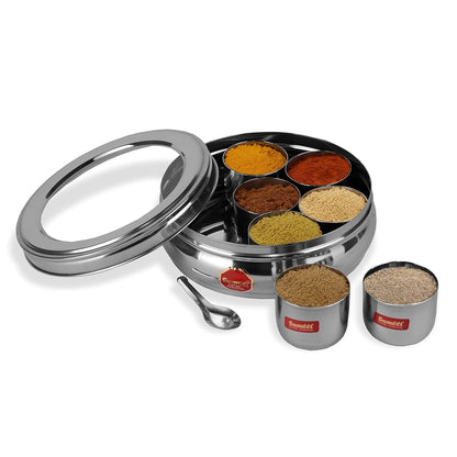 Sumeet Stainless Steel Belly Shape Masala/Organiser With See Through Lid With 7 Containers And Small Spoon