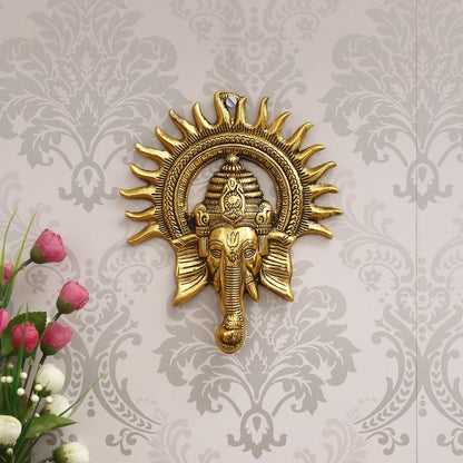 Golden Metal Sun Decorative Ganesha Wall Hanging | Lord Ganesha Statue Wall Art- Decorative Showpiece for Wall Decor