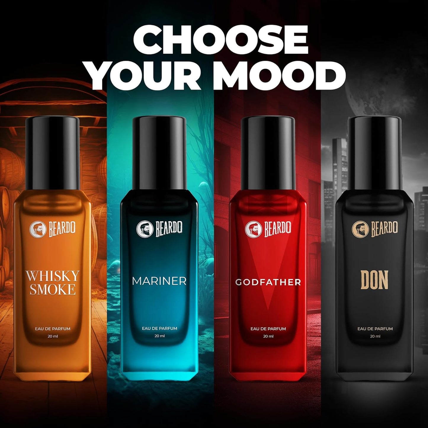 Beardo Perfumes Giftset For Men (Pack of 4 x 20ml) Whisky Smoke, Godfather, Mariner & Don Perfume