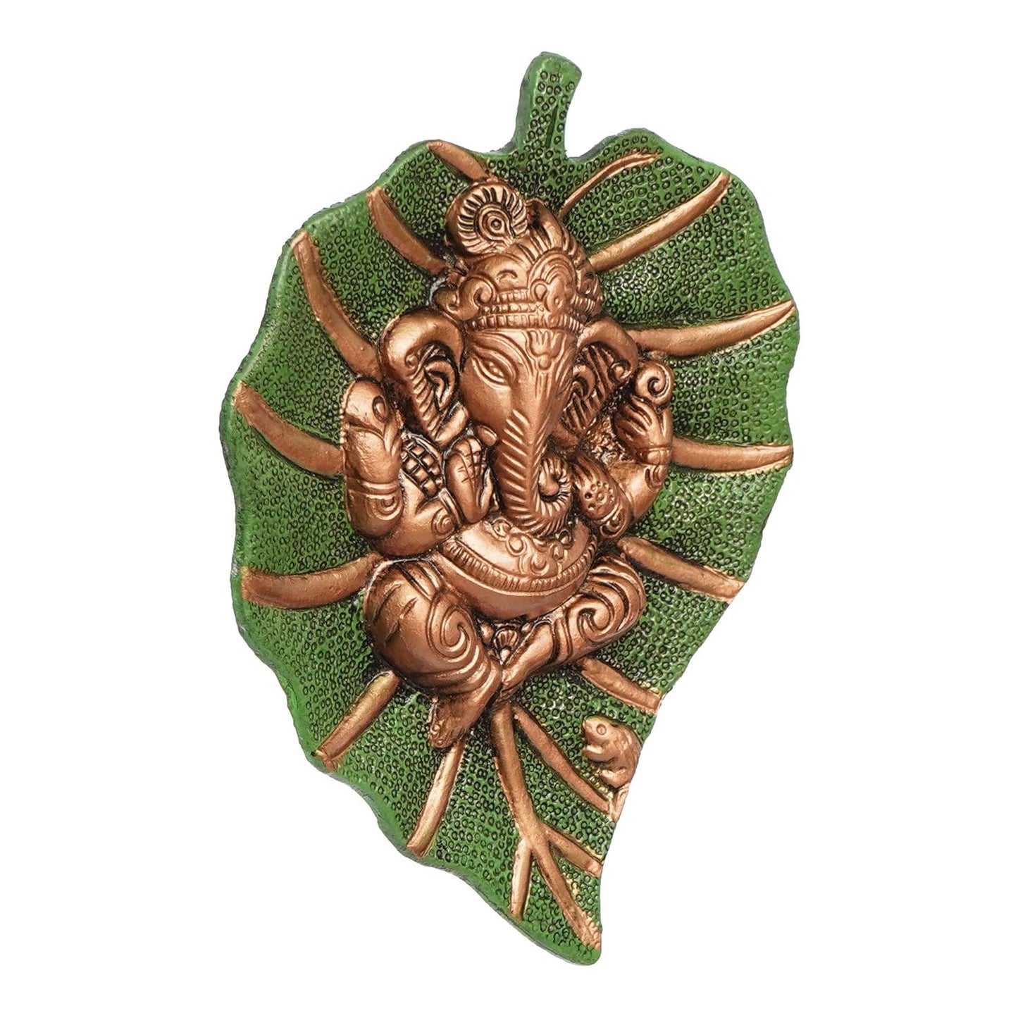 Metal Brown Lord Ganesha Idol On Green Leaf Ganesha Wall Hanging Decorative Showpiece for Wall Decor