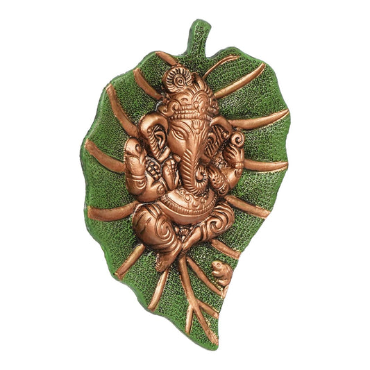 Metal Brown Lord Ganesha Idol On Green Leaf Ganesha Wall Hanging Decorative Showpiece for Wall Decor