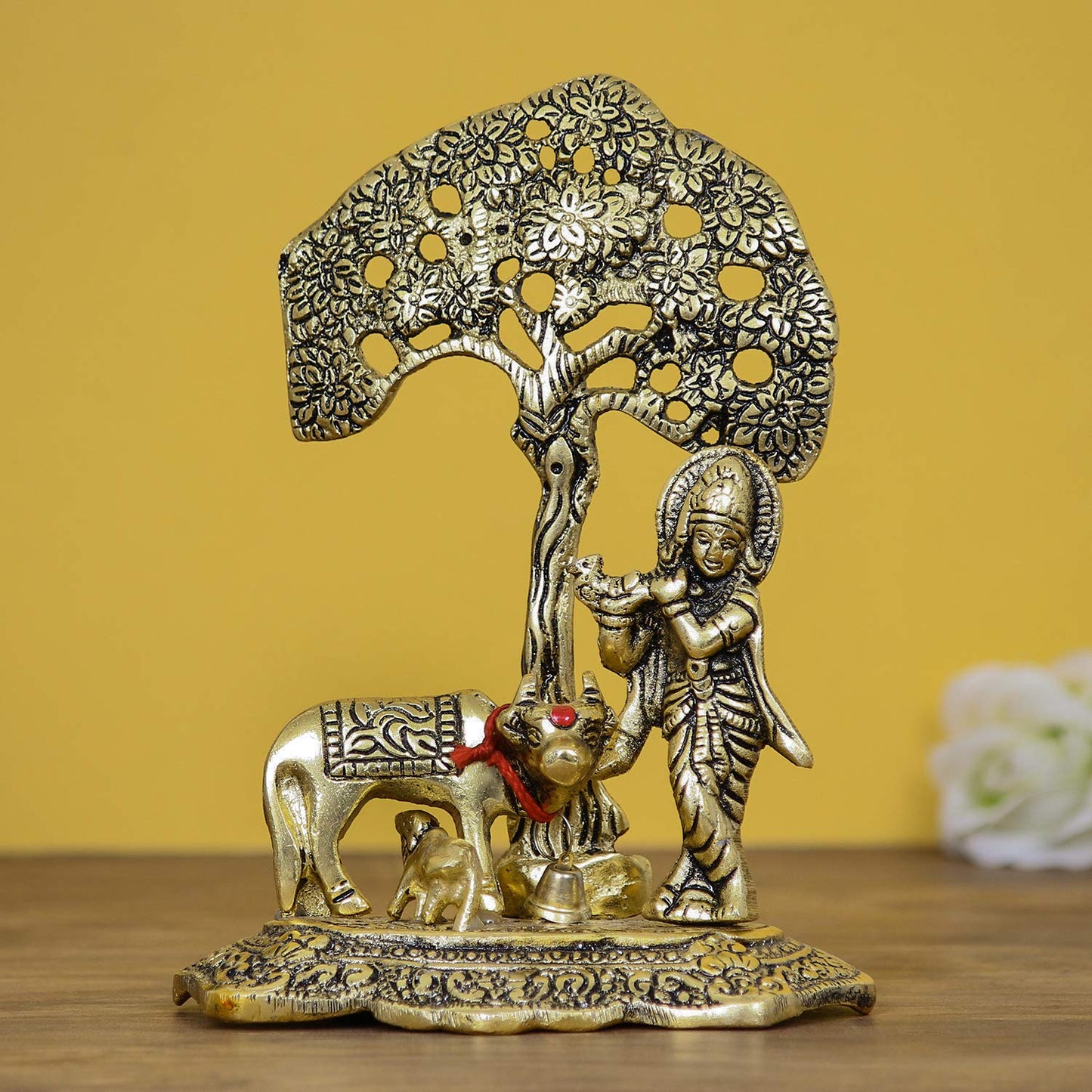 Lord Krishna Playing Flute Under Tree with Golden Cow and Calf Showpiece