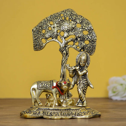 Lord Krishna Playing Flute Under Tree with Golden Cow and Calf Showpiece