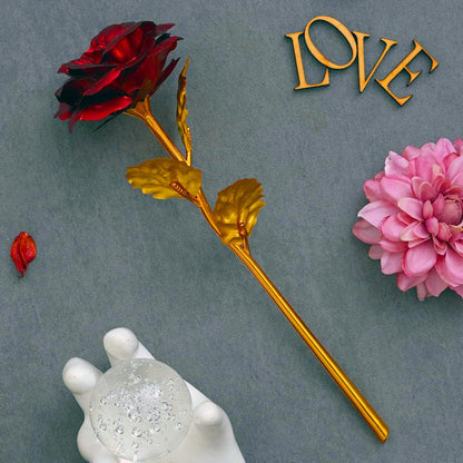 Golden Red Rose Flower Showpiece | Rose Day Valentine Gift for Girlfriend Boyfriend Husband Wife Her Him
