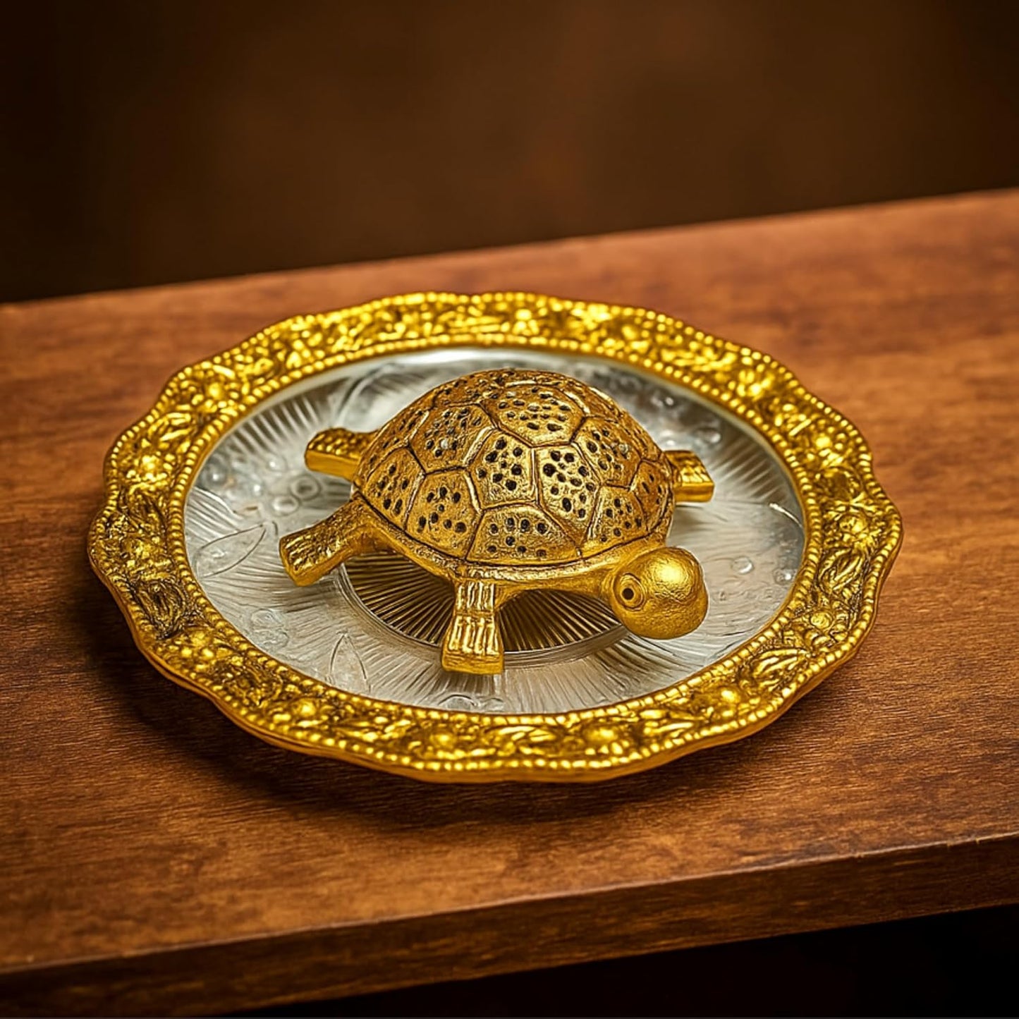 Metal Feng Shui Golden Tortoise (Kachua) on Glass Plate