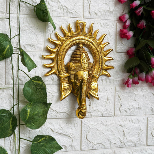 Golden Metal Sun Decorative Ganesha Wall Hanging | Lord Ganesha Statue Wall Art