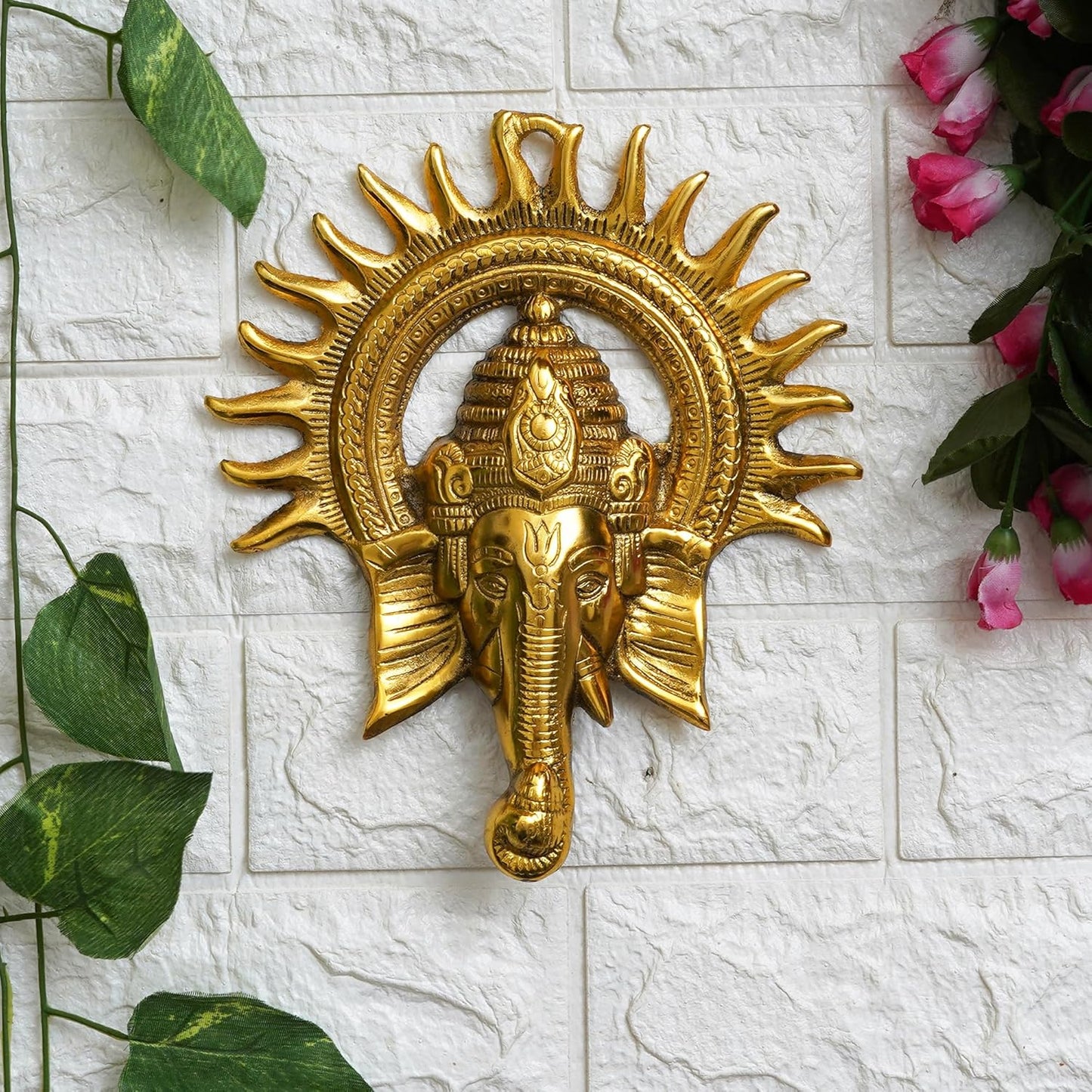 Golden Metal Sun Decorative Ganesha Wall Hanging | Lord Ganesha Statue Wall Art- Decorative Showpiece for Wall Decor