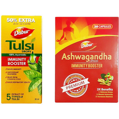 Dabur Ashwagandha 60 Capsules + Tulsi Drops 30 Ml Immunity Kit Combo Pack (1Pack)