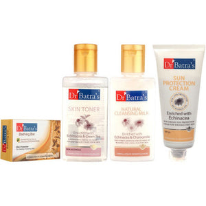 Dr Batras Skin Toner, Natural Cleansing Milk, Sun Protection Cream & Skin Protection Bathing Bar Combo (1Pack)