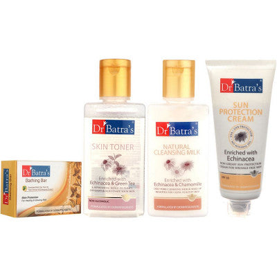 Dr Batras Skin Toner, Natural Cleansing Milk, Sun Protection Cream & Skin Protection Bathing Bar Combo (1Pack)