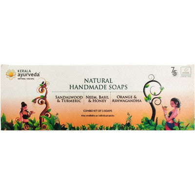 Kerala Ayurveda Natural Handmade Soaps Combo Kit (Sandalwood & Turmeric Soap, Neem, Basil & Honey Soap and Orange & Ashwagandha Soap) (1Pack)