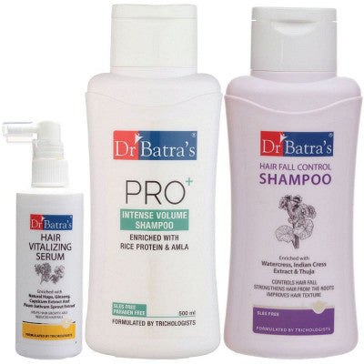 Dr Batras Hair Vitalizing Serum, Hair Fall Control Shampoo And Pro+ Intense Volume Shampoo Combo (125ML+500ML+500ML) (1Pack)