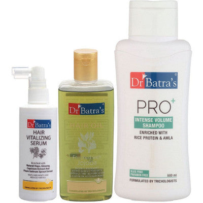 Dr Batras Hair Vitalizing Serum, Pro+ Intense Volume Shampoo And Hair Oil Combo (125ML+500ML+200ML) (1Pack)