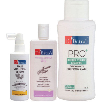Dr Batras Hair Vitalizing Serum, Pro+ Intense Volume Shampoo And Hair Fall Control Oil Combo (125ML+500ML+200ML) (1Pack)