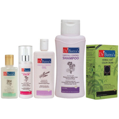 Dr Batras Hair Fall Control Serum, Oil, Shampoo, Conditioner & Herbal Hair Color Cream Black Combo (125ml+200ml+500ml+100ml+130g) (1Pack)