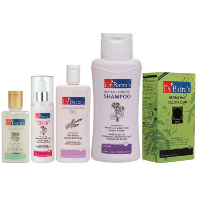 Dr Batras Hair Fall Control Serum, Oil, Shampoo, Conditioner & Herbal Hair Color Cream Brown Combo (125ml+200ml+500ml+100ml+130g) (1Pack)
