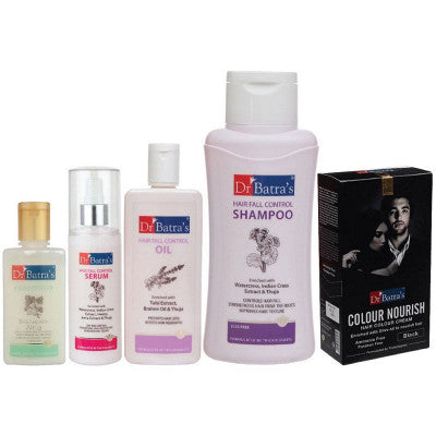 Dr Batras Hair Fall Control Serum, Oil, Shampoo, Conditioner & Nourish Hair Colour Cream Black Combo (125ml+200ml+500ml+100ml+120g) (1Pack)