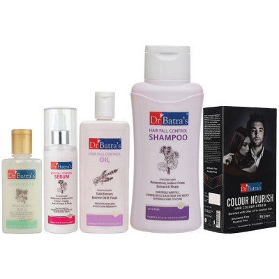 Dr Batras Hair Fall Control Serum, Oil, Shampoo, Conditioner & Nourish Hair Colour Cream Brown Combo (125ml+200ml+500ml+100ml+120g) (1Pack)