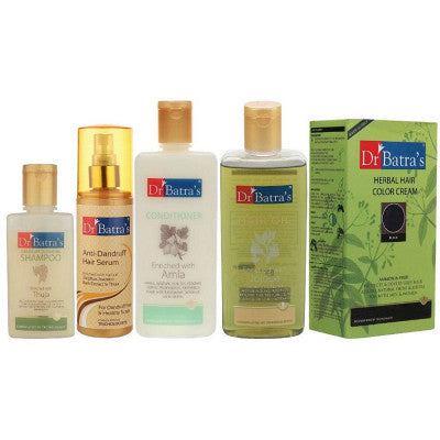 Dr Batras Anti Dandruff Hair Serum, Conditioner, Hair Oil, Herbal Hair Color Cream Black & Dandruff Cleansing Shampoo Combo (200ml+200ml+200ml+130g+100ml) (1Pack)