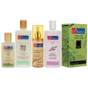 Dr Batras Anti Dandruff Hair Serum, Conditioner, Hair Fall Control Oil, Herbal Hair Color Cream Brown & Dandruff Cleansing Shampoo Combo (200ml+200ml+200ml+130g+100ml) (1Pack)
