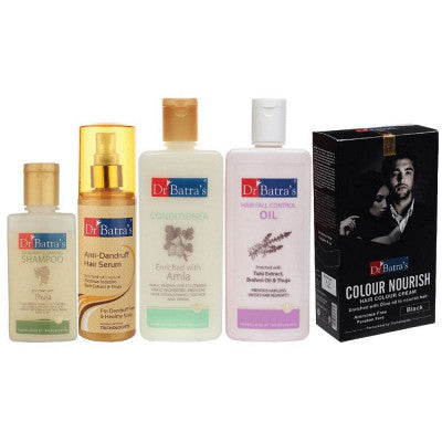 Dr Batras Anti Dandruff Hair Serum, Conditioner, Hair Fall Control Oil, Nourish Hair Colour Cream Black & Dandruff Cleansing Shampoo Combo (200ml+200ml+200ml+120g+100ml) (1Pack)