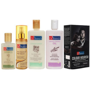 Dr Batras Anti Dandruff Hair Serum, Conditioner, Hair Fall Control Oil, Nourish Hair Colour Cream Brown & Dandruff Cleansing Shampoo Combo (200ml+200ml+200ml+120g+100ml) (1Pack)