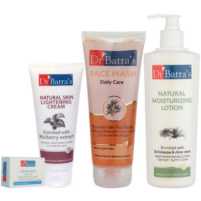Dr Batras Daily Care Face Wash, Bathing Bar, Natural Moisturising Lotion & Natural Skin Lightening Cream Combo (200g+125g+400ml+100g) (1Pack)