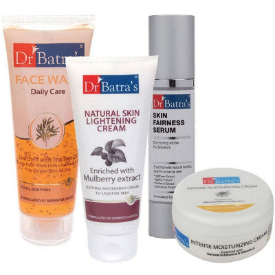 Dr Batras Skin Fairness Serum, Daily Care Face Wash, Natural Skin Lightening Cream & Intense Moisturizing Cream Combo (50g+100g+100g+100g) (1Pack)