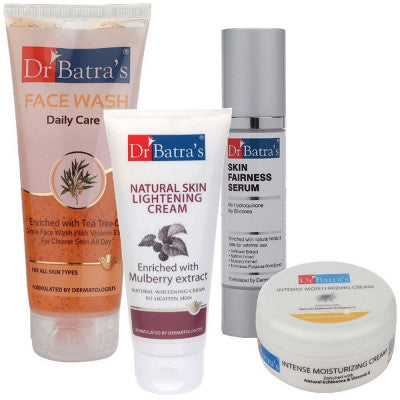 Dr Batras Skin Fairness Serum, Daily Care Face Wash, Natural Skin Lightening Cream & Intense Moisturizing Cream Combo (50g+200g+100g+100g) (1Pack)
