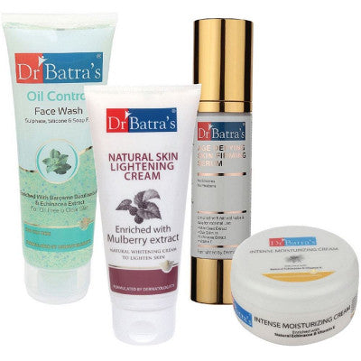 Dr Batras Age Defying Skin Firming Serum, Oil Control Face Wash, Natural Skin Lightening Cream & Intense Moisturizing Cream Combo (50g+100g+100g+100g) (1Pack)