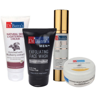 Dr Batras Age Defying Skin Firming Serum, Men+ Exfoliating Face Wash, Natural Skin Lightening Cream & Intense Moisturizing Cream Combo (50g+125g+100g+100g) (1Pack)