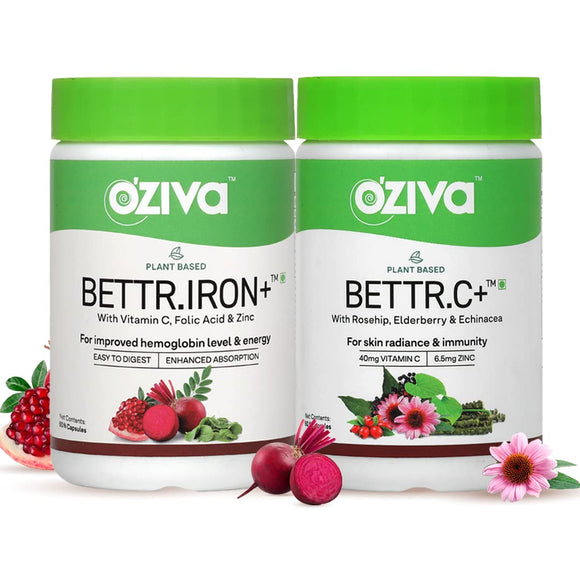 OZiva Bettr. Iron with ( plant based vitamin c, folic acid) + Bettr.C+ with ( Zinc, Rosehip) for Improved Hemoglobin 7 Advanced Immunity, Combo Pack