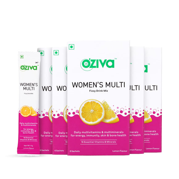 OZiva Women's Multivitamins Fizzy Drink (Multivitamins for Women with Vitamin C) For Enhanced Immunity, Skin & Bone Health, 30 Effervescent Sachets (Pack of 5), Lemon Flavor