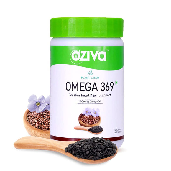 OZiva Plant Based Omega 3 6 9 Multivitamin Supplement for Men & Women (1000 mg Vegan Omega Oil Concentrate with Flaxseed & Blackseed Oil) Fatty Acids for Skin, Heart, & Joint Support, 60 Veg Capsules