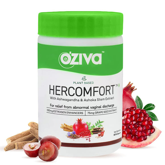 OZiva Plant Based HerComfort (With Ashwagandha, Flax Seeds & Ashoka Stem Extracts) For Relief from Abnormal Vaginal White Discharge, 60 capsules