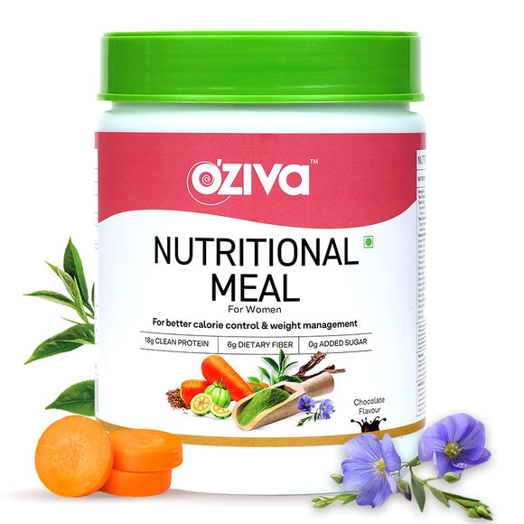 OZiva Nutritional Meal Women (High in Protein with Ayurvedic Herbs like Shatavari, Brahmi,Ginseng, Flax Seeds) for Weight Management, Meal Replacement Shake, Chocolate,500g