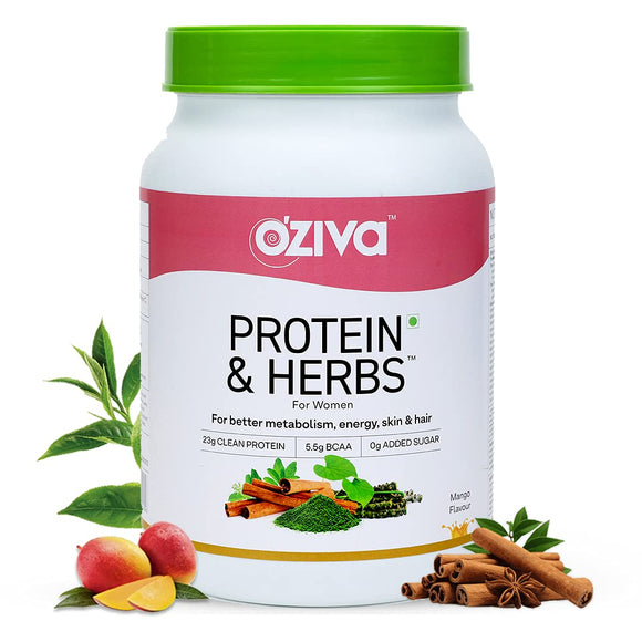 OZiva Protein & Herbs, Women, Natural Protein Powder with Ayurvedic Herbs like Shatavari, Giloy, Curcumin & Multivitamins for Better Metabolism, Skin & Hair, Mango 1kg