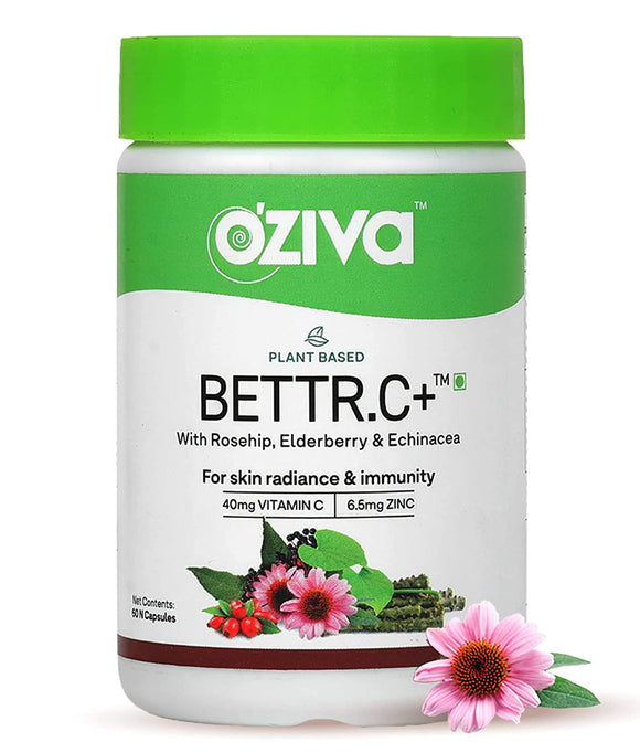 OZiva Bettr.C+ (Plant based Vitamin C with Zinc, Rosehip, Bioflavonoids) for Advanced Immunity, Better Absorption than Synthetic Vitamin C, 60 capsule (60 Capsule)