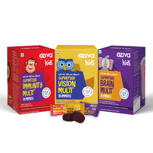 OZiva Superfood For Super Kids (Vision + Immunity + Brain MultiVitamin Gummies) For 5 years & Above | Pack Of 3 - 30 Gummies Each | With Vitamin C, Zinc, Brahmi & Ashwagandha