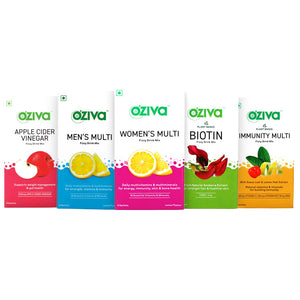OZiva Healthy Fizzy Trial Pack with Multivitamins | 30 Effervescent Sachets (Pack of 5) Apple Cider Vinegar, Biotin, Immunity, Men's & Women's Multi Drink Mixes for Hair, Skin, Bone Health & Stamina