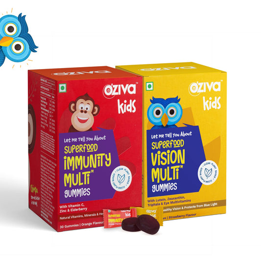 OZiva Superfood For Super Kids (Immunity + Vision Multi Vitamin Gummies) For 5 years & Above | Pack Of 2 - 30 Gummies Each | With Vitamin C, Zinc, Brahmi & Ashwagandha
