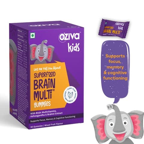 OZiva Superfood For Super Kids Brain Multi Vitamin Gummies | For 5 years & Above | Pack Of 30 Gummies | With Brain Multivitamins, Ashwagandha & Brahmi Extract | Supports Focus, Memory & Cognitive Functioning