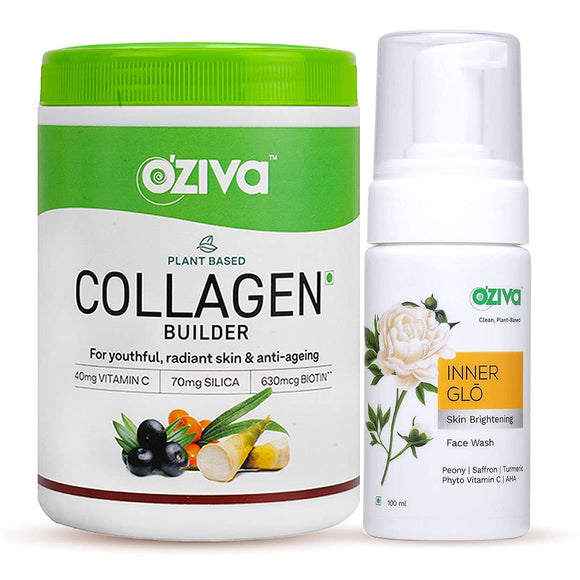 OZiva Plant Based Collagen Builder ( With Vitamin C & Silica) for Anti-Aging Beauty & OZiva Inner Glō Skin Brightening Face Wash (with Phyto Vitamin C & Yuzu) for Dark Spot Correction (Combo Pack)