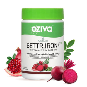 OZiva Bettr. Iron+ (Plant Based Iron with Vitamin C, Folic Acid, Zinc & Moringa) for Improved Hemoglobin, Oxygen binding capacity, & Immunity, Iron supplements, 60 veg capsules (60 capsules)