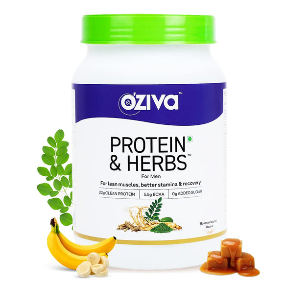 OZiva Protein & Herbs, Men (23g Whey Protein, 5.5g BCAA & Ayurvedic herbs like Ashwagandha, Chlorella & Musli) for Better Stamina & Lean Muscles, Banana Caramel 1kg